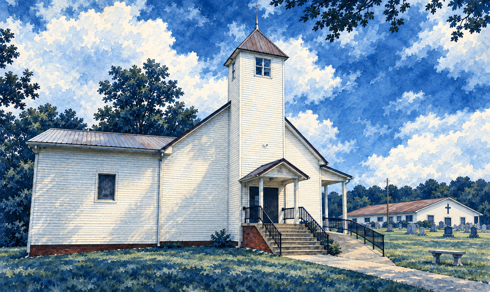 Watercolor illustration of our Alderson Missionary Baptist Church building