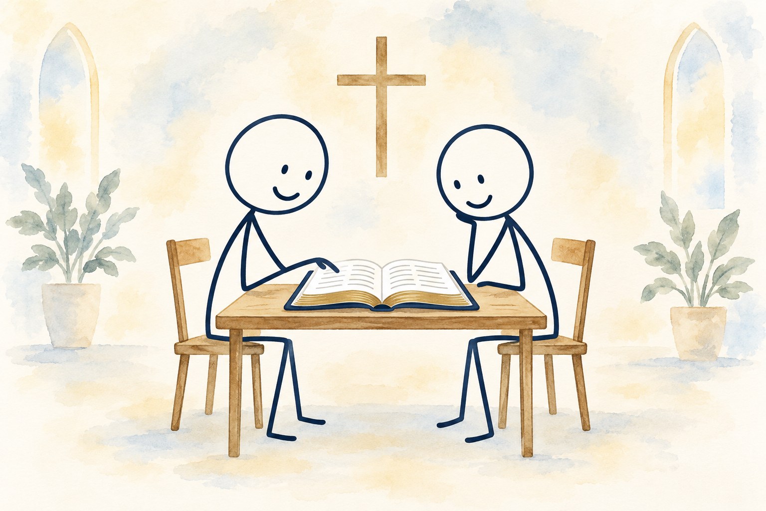 Stick figures reading the Bible together