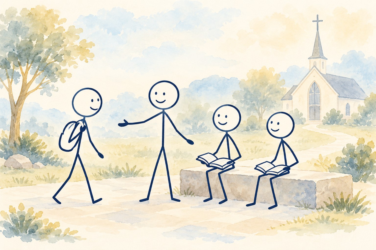 Stick-figure young people gathering at church